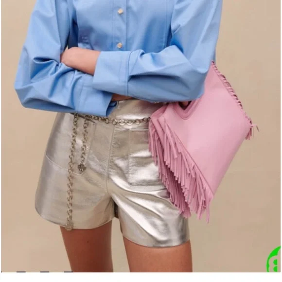 MAJE IROSUM LEATHER SHORTS Silver NWT Size-38 no belt - Picture 1 of 8